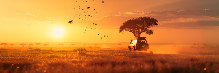 Safari concept. Safari car in african savannah