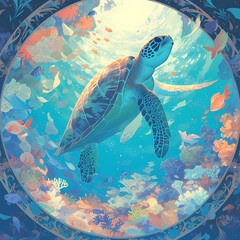 Wall Mural - A captivating image of a majestic turtle swimming through a vibrant underwater world, teeming with life and color.