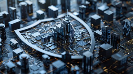 a conceptual photo of a shield made of binary code protecting a digital city, representing cybersecu