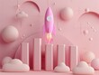Pink rocket launching from bar graph, minimal 3D render

