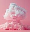 Ladder leaning against fluffy pink clouds, minimal surreal background

