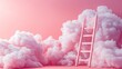 Ladder leaning against pink clouds on a pastel background, surreal scene

