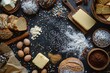 Flat lay of baking ingredients on a dark background, butter, flour, eggs, bread

