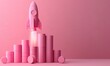 Pink rocket launching with bar graphs, minimal pastel pink background

