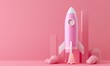 Pink rocket with bar graphs, minimal background, pastel pink theme

