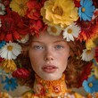 Red-haired woman with freckles, floral crown of colorful flowers, close-up portrait


