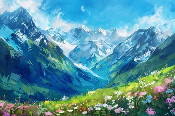 Wall Mural - majestic mountains with snowcapped peaks and lush valleys landscape painting