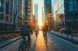 People Riding Bicycles on a City Street at Sunset