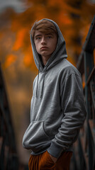 urban portrait of a boy with ginger hair and a grey hoody standing in the streets