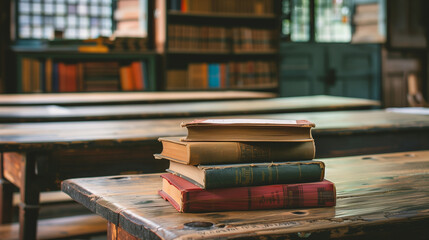 Wall Mural - Stack of Books on Wooden Table in Classroom