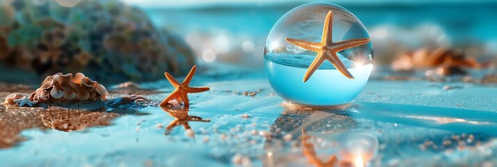 Wall Mural - Lensball summer vacation landscape with starfish reflection, Travel and leasure concept, Selective focus, copy space realistic nature and landscape