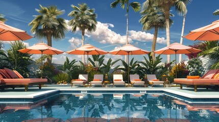 luxurious poolside scene with lounge chairs, umbrellas, and cocktails, epitomizing leisure.