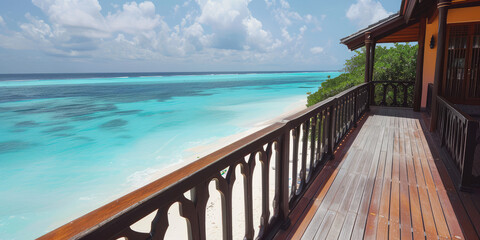 Wall Mural - Close-up Empty Wooden balcony of a luxurious hotel resort with a view of a paradise beach with blue water. 