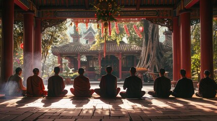 Group meditation session in a tranquil temple garden, seeking inner peace and enlightenment on Buddhist holy days.