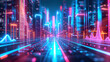 Abstract futuristic city with neon lights. Sci fi background. Modern technology future urban skyline. Illuminated tower downtown scene dusk. Glow cyber metropolis. Imagination fantasy scape.