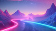 Futuristic landscape with neon highway and purple mountains in night. Journey abstract asphalt road, glowing and wireframe scenery, horizon and skyline.