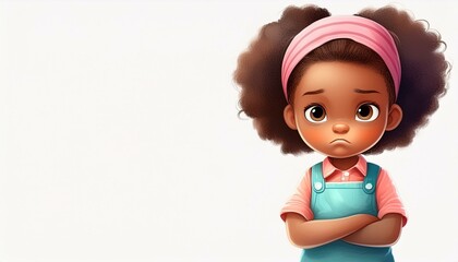 an illustration of a sad, pouty little girl with arms folded. cartoon child with a frown, room for c