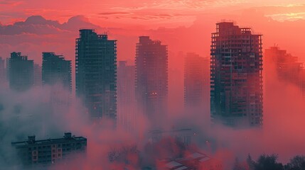 Wall Mural - A city skyline with a foggy atmosphere. The buildings are tall and the sky is orange. Scene is eerie and mysterious