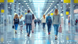 Rear view group young people walking in airport, carrying luggage, leaving journey. Businessman and businesswoman, with suitcase, travel destinations. modern in motion in corridor.