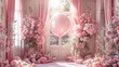 Interior classic room decorated with pink flowers and balloons. Cozy and comfortable living elegance and luxury. Fashionable arrangement furniture, in lighting. festive valentine wedding banquet..