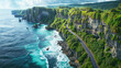 Aerial view ocean and cliffs. Scenic paradise with turquoise embracing coastline. Idyllic tropical island with dramatic cliff, colourful seascape, and deep lagoon. Relaxation, space bonding and travel