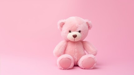 Wall Mural - toy plush pink bear on pink background with copy space