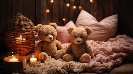 Wall Mural - pair of plush toy bears sitting on a soft plaid with roses and candles in a romantic atmosphere. rom