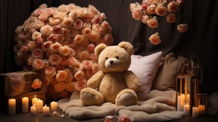 Wall Mural - plush toy bear sits on a soft plaid with roses and candles in a romantic atmosphere. romantic concep