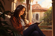 Serene illustration of a young woman studying with headphones in a warm, sunlit room