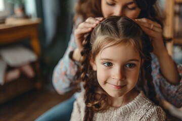 Mother fixing and combing her little daughter's hair and making a braid with her hair.