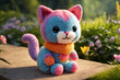 © nskyr2 - Handmade knitted cat. Kid soft animal toy made yarn in flowering garden.