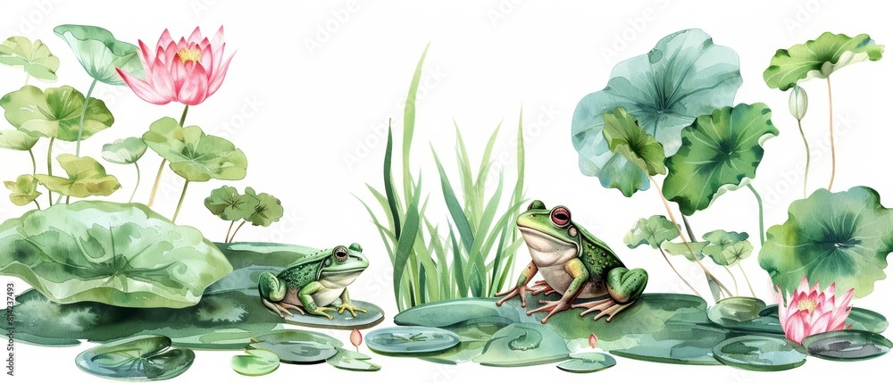 A watercolor of a serene pond scene with a frog and water lilies ...