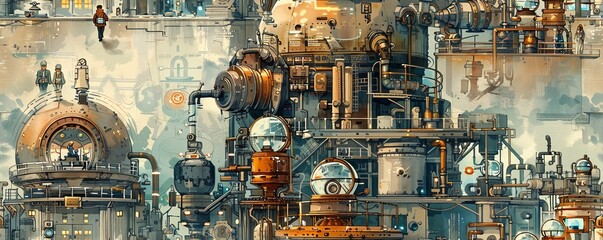 Wall Mural - Design an intricate watercolor painting unveiling a steampunk-inspired laboratory where a time-traveling scientist meets their past self Use skewed perspectives to immerse viewers 