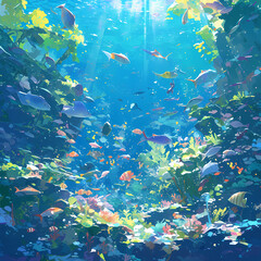 Wall Mural - Discover the beauty of underwater marine life with this vibrant and stylized image teeming with fish.