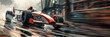 Futuristic race car in dynamic motion, creating a blur of speed on a wet urban track.