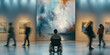 A contemplative moment as a visitor in a wheelchair absorbs the vast beauty of a dynamic art piece in a gallery.