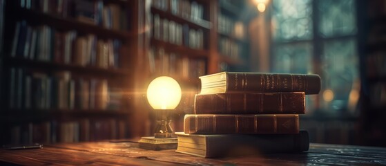 Glow HUD illuminates a stack of vintage books, casting a soft light over a blurred library setting, inspiring knowledge and discovery