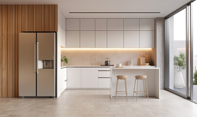 Wall Mural - 3d rendering, Minimalist kitchen with white cabinets, light brown wood paneling on the wall behind and an integrated refrigerator in stainless steel, with a sleek design that includes black elements