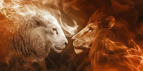 Wall Mural - Biblical imagery depicting Jesus Christ as both a lion and a lamb. Concept Biblical Imagery, Jesus Christ, Lion, Lamb, Dual Representation