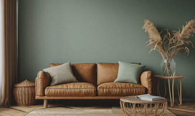 Wall Mural - 3d rendering, Photo of a modern interior design living room wall mockup with a sofa and wicker side table near a grey green wall, a warm brown leather couch