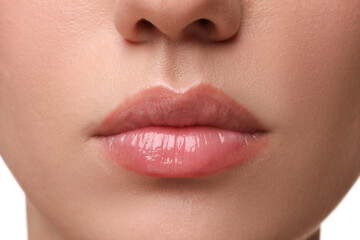 Woman wearing beautiful lip gloss, closeup view