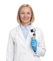 Sticker - Happy dermatologist with dermatoscope isolated on white