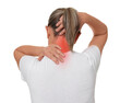 © New Africa - Woman suffering from neck pain on white background, back view