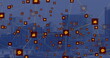 Image of network of digital icons and dots pattern against aerial view of cityscape
