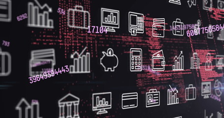 Wall Mural - image of multiple changing numbers and digital icons over data processing and light spot