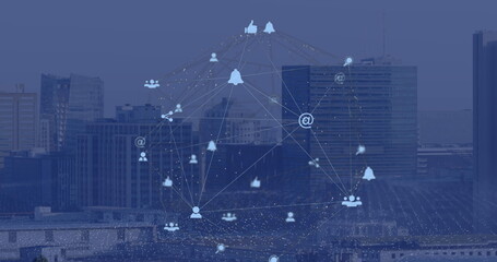 Poster - Image of globe of digital icons and dots pattern against aerial view of cityscape