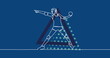 Image of drawing of female handball player throwing ball and triangles on blue background