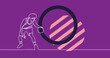 Image of drawing of male basketball player and shapes on purple background