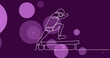 Image of drawing of sportsman jumping and purple spots on black background