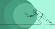 Image of drawing of male rugby player catching ball and spots on green background